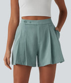 High Waisted Pleated Casual Linen-Feel Shorts 5'' with Pockets — Silverwood Sage — view 1