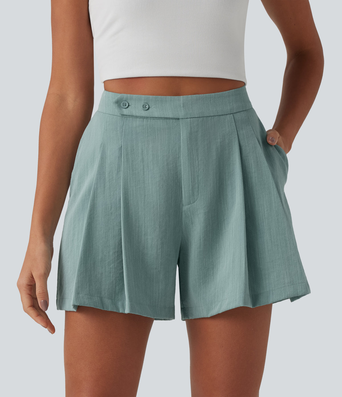High Waisted Pleated Casual Linen-Feel Shorts 5'' with Pockets — Silverwood Sage — view 1