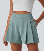 High Waisted Pleated Casual Linen-Feel Shorts 5'' with Pockets — Silverwood Sage — view 5