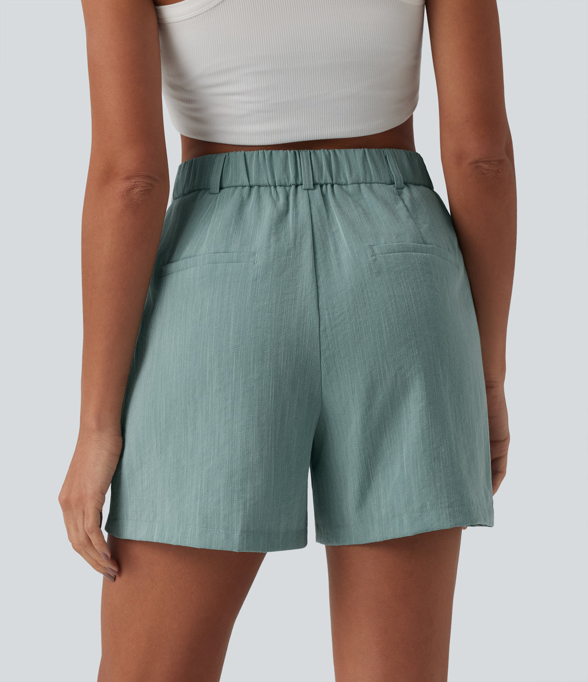 High Waisted Pleated Casual Linen-Feel Shorts 5'' with Pockets — Silverwood Sage — view 2