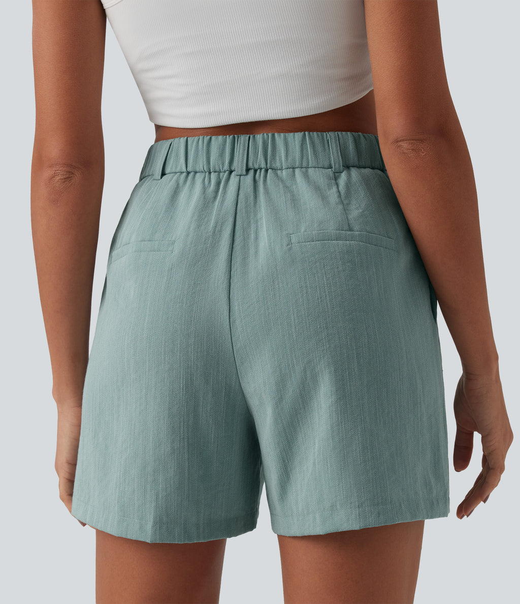 High Waisted Pleated Casual Linen-Feel Shorts 5'' with Pockets — Silverwood Sage — view 4
