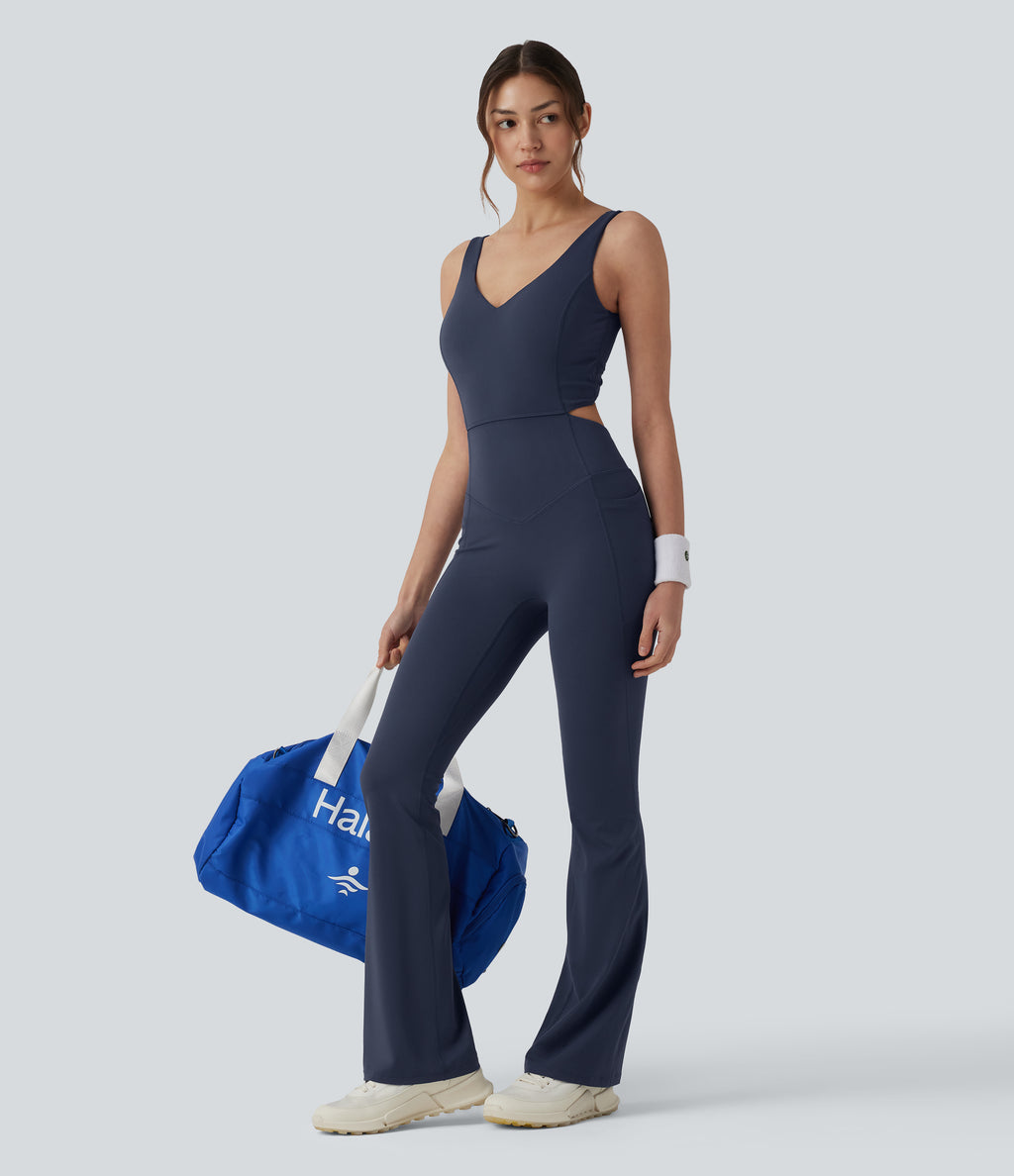 Non-removable pad Tummy Control Flare Workout Jumpsuit with Pockets-Edition — Mood Indigo — view 8