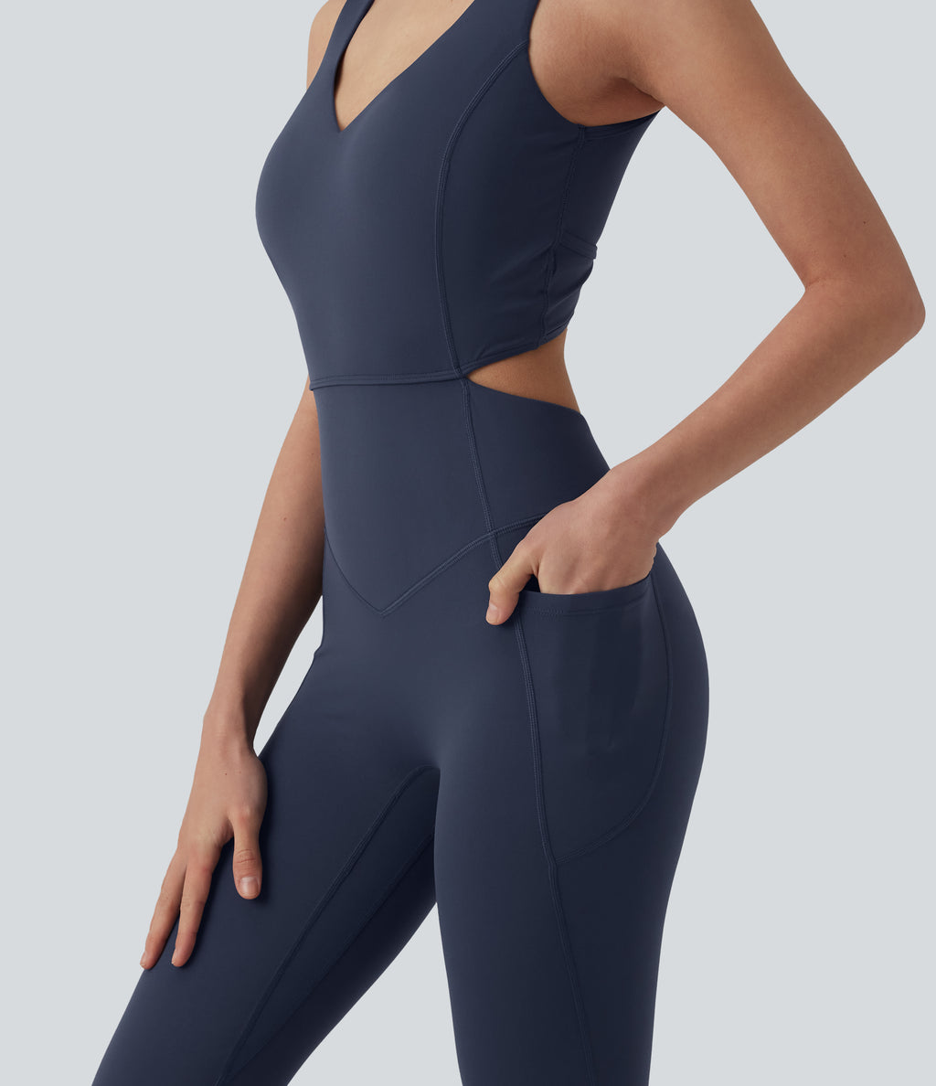 Non-removable pad Tummy Control Flare Workout Jumpsuit with Pockets-Edition — Mood Indigo — view 7