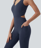 Non-removable pad Tummy Control Flare Workout Jumpsuit with Pockets-Edition — Mood Indigo — view 7