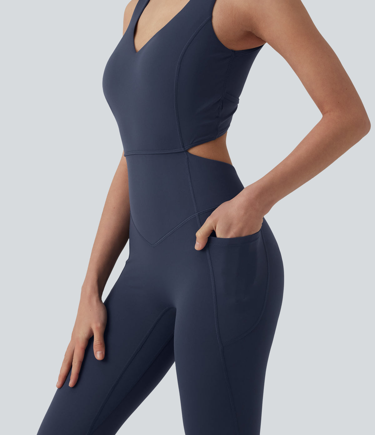 Non-removable pad Tummy Control Flare Workout Jumpsuit with Pockets-Edition — Mood Indigo — view 7