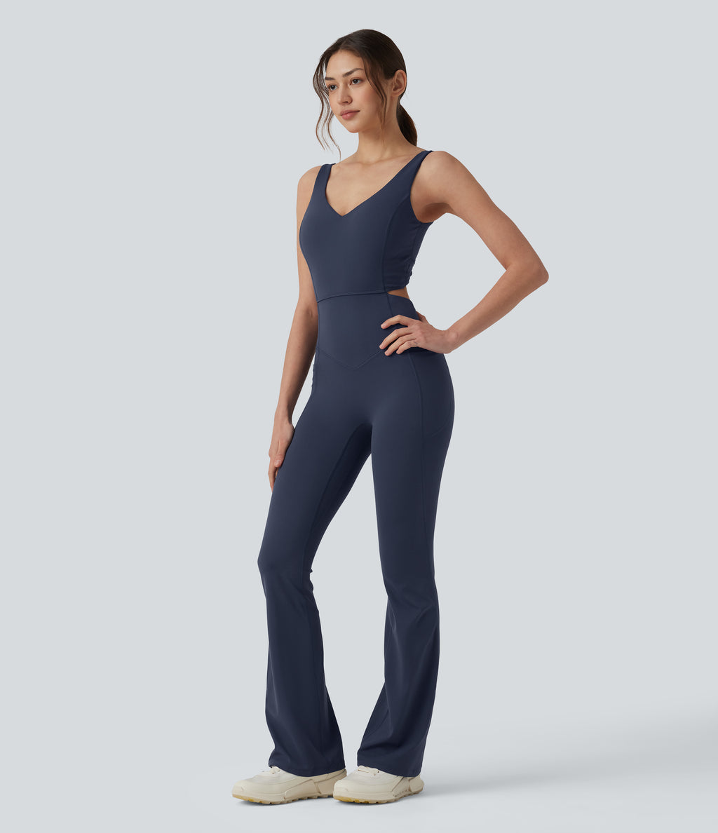 Non-removable pad Tummy Control Flare Workout Jumpsuit with Pockets-Edition — Mood Indigo — view 3