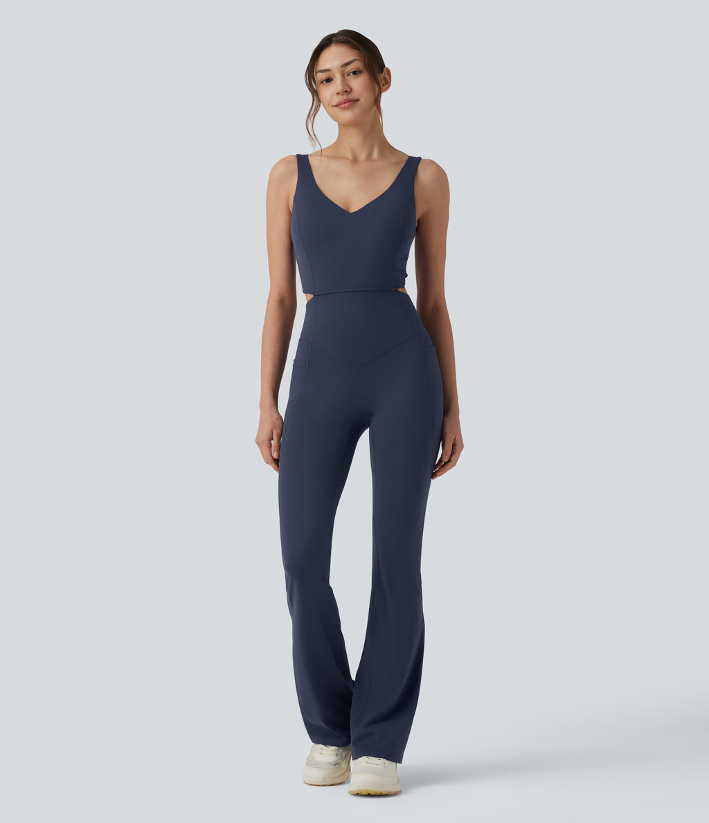 Non-removable pad Tummy Control Flare Workout Jumpsuit with Pockets-Edition — Mood Indigo — view 2