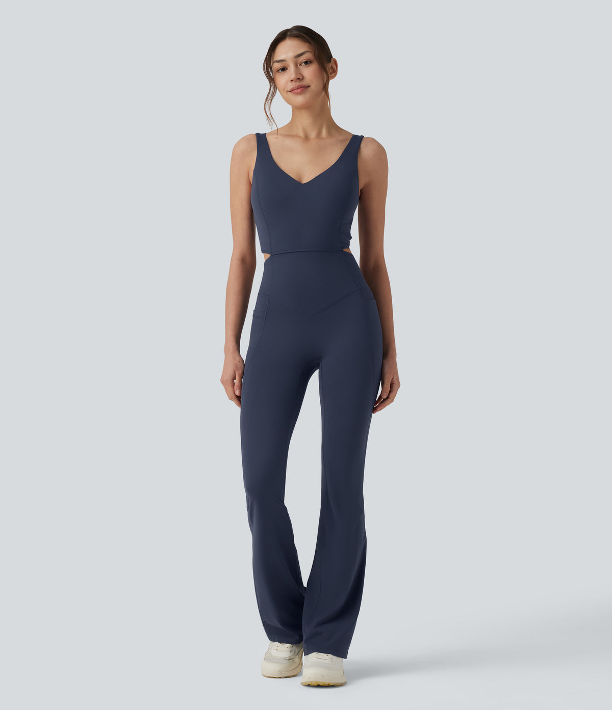 Non-removable pad Tummy Control Flare Workout Jumpsuit with Pockets-Edition — Mood Indigo — view 2