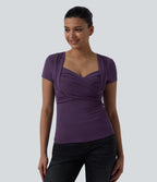 Sweetheart Neck Short Sleeve Crossover Ruched Casual Top — Purple Pennant — view 3