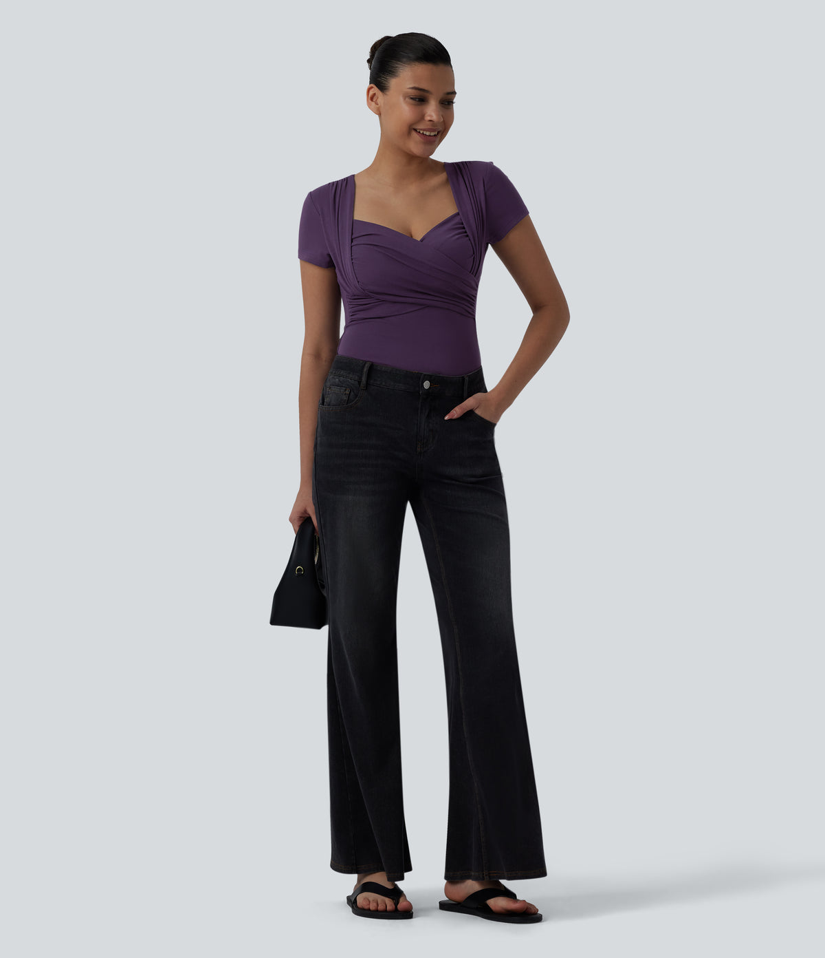 Sweetheart Neck Short Sleeve Crossover Ruched Casual Top — Purple Pennant — view 5