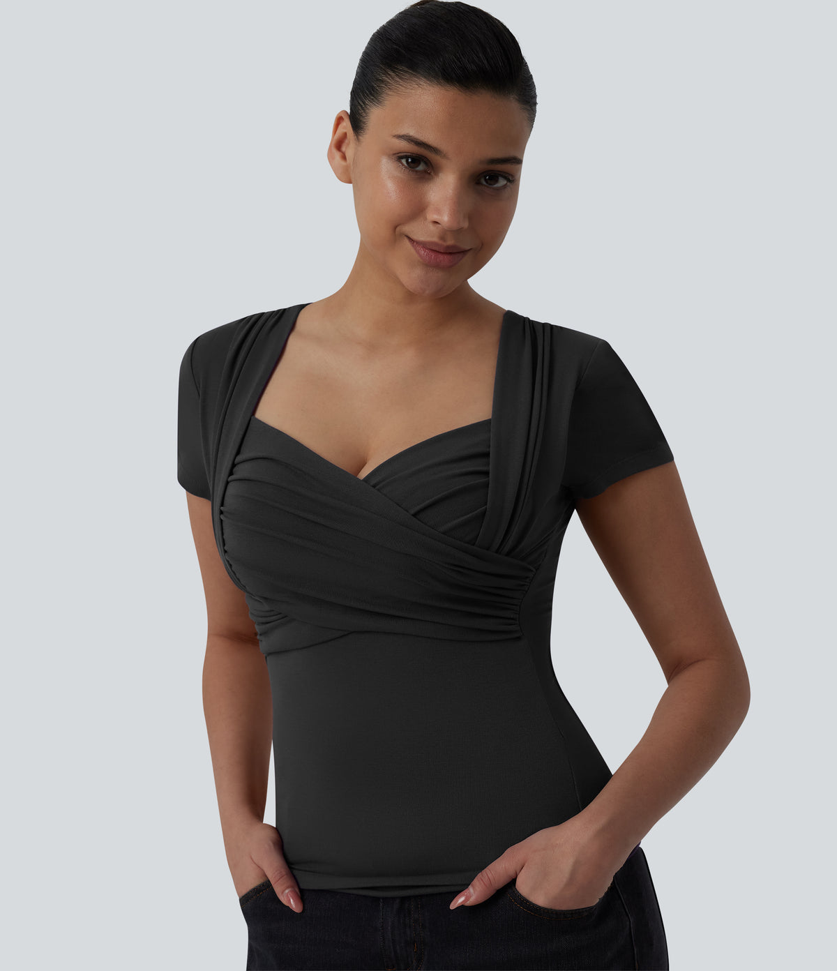 Sweetheart Neck Short Sleeve Crossover Ruched Casual Top — Black — view 6