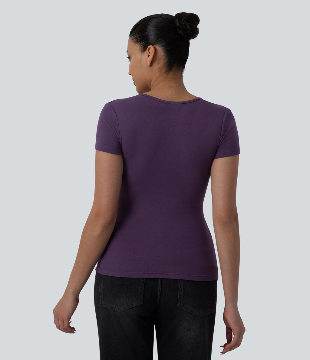 Sweetheart Neck Short Sleeve Crossover Ruched Casual Top — Purple Pennant — view 2