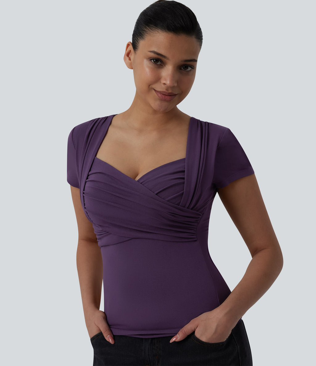 Sweetheart Neck Short Sleeve Crossover Ruched Casual Top — Purple Pennant — view 1