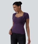Sweetheart Neck Short Sleeve Crossover Ruched Casual Top — Purple Pennant — view 4