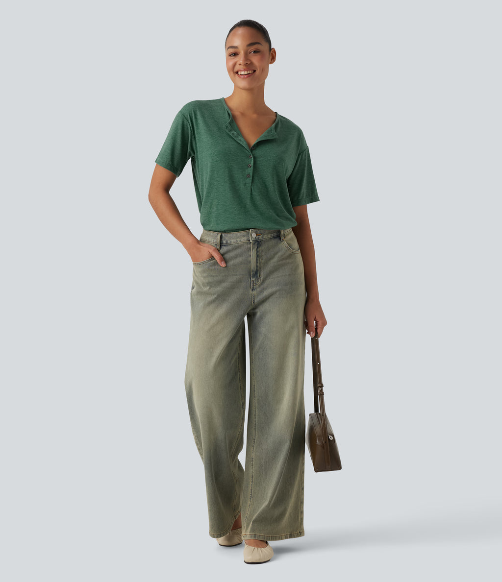 Henley Short Sleeve Heathered Relaxed Casual T-Shirt — Emerald Floral Yarn — view 6