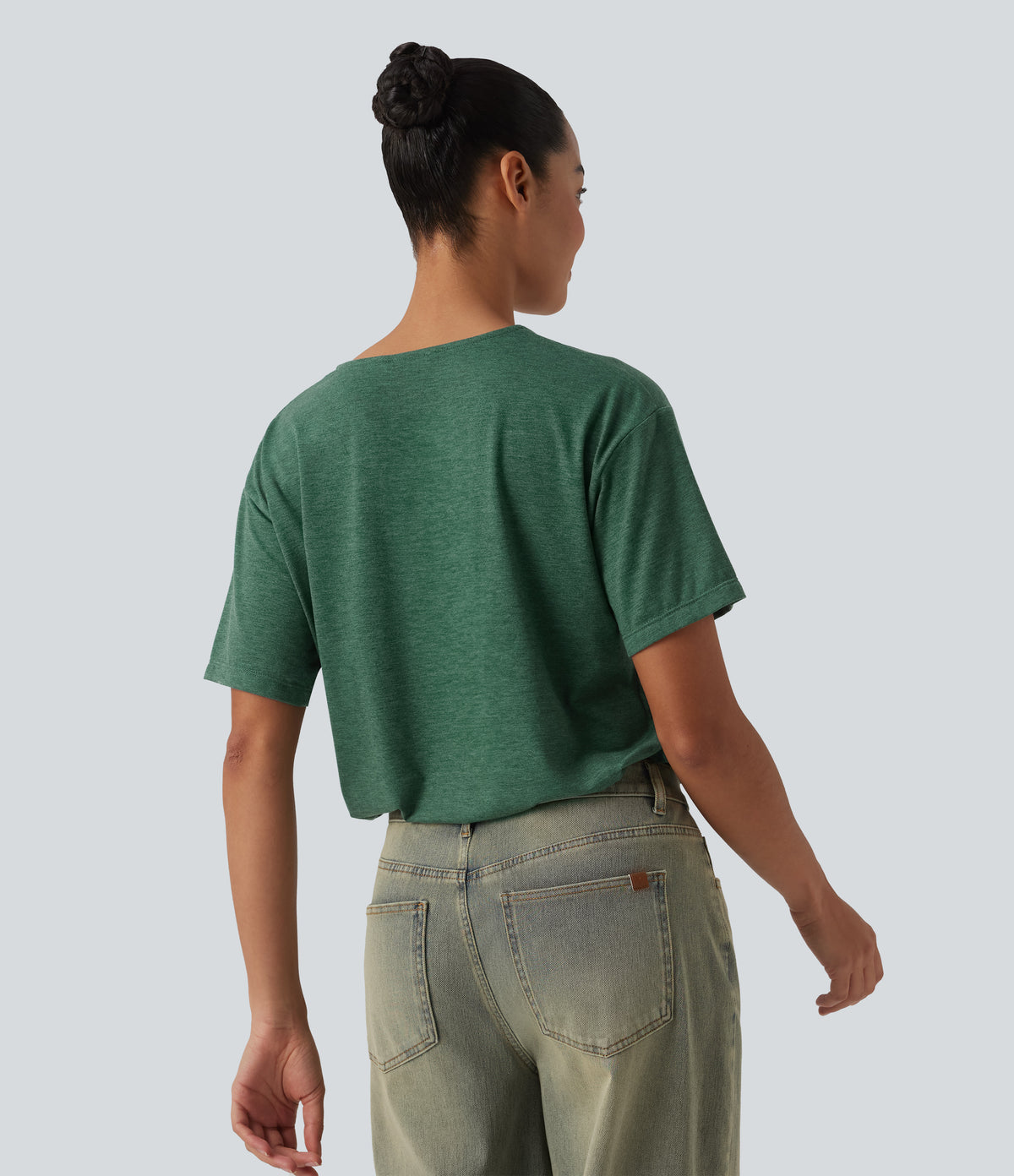 Henley Short Sleeve Heathered Relaxed Casual T-Shirt — Emerald Floral Yarn — view 2
