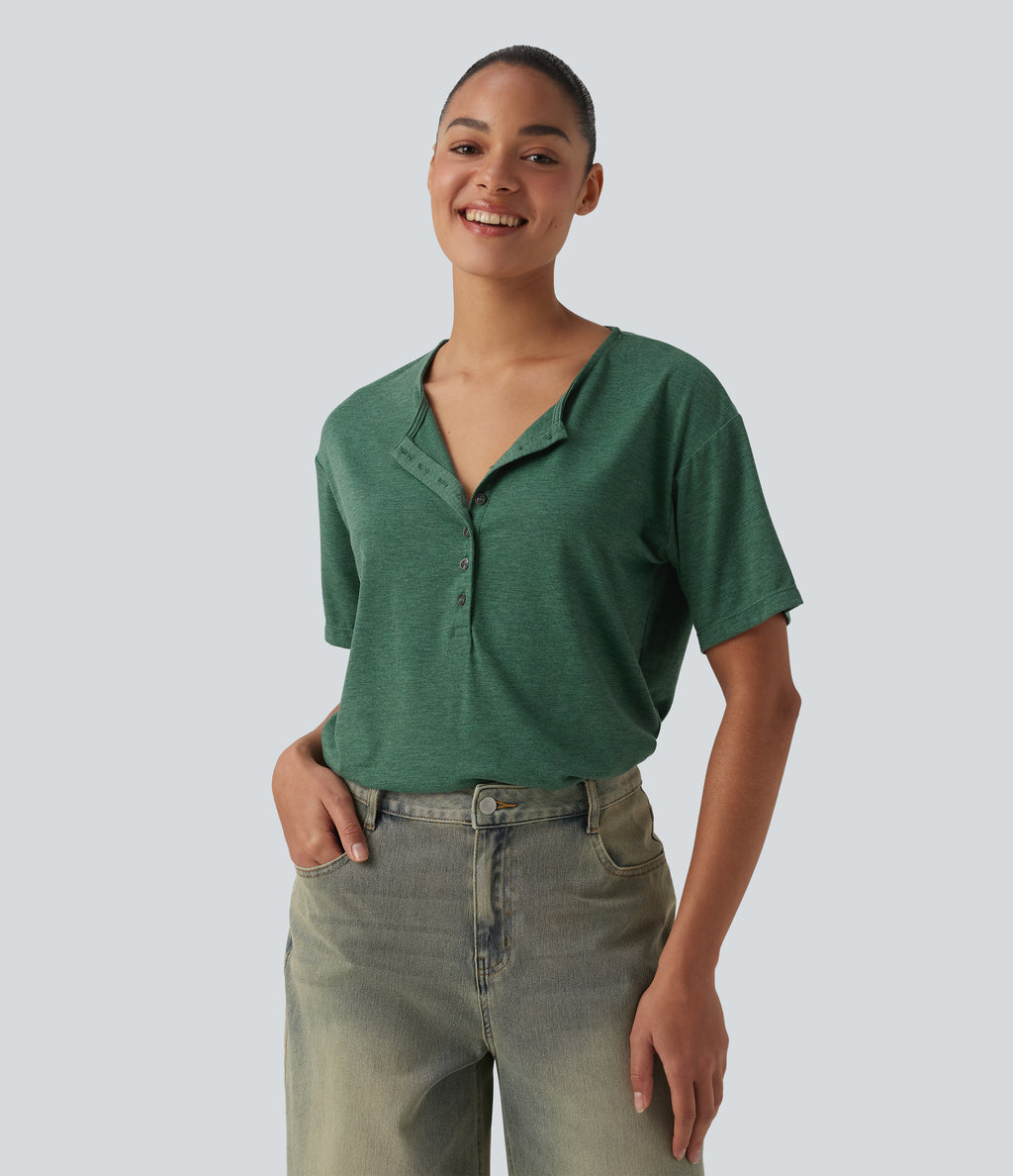 Henley Short Sleeve Heathered Relaxed Casual T-Shirt — Emerald Floral Yarn — view 1
