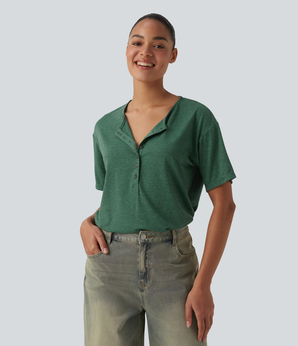 Henley Short Sleeve Heathered Relaxed Casual T-Shirt — Emerald Floral Yarn — view 1