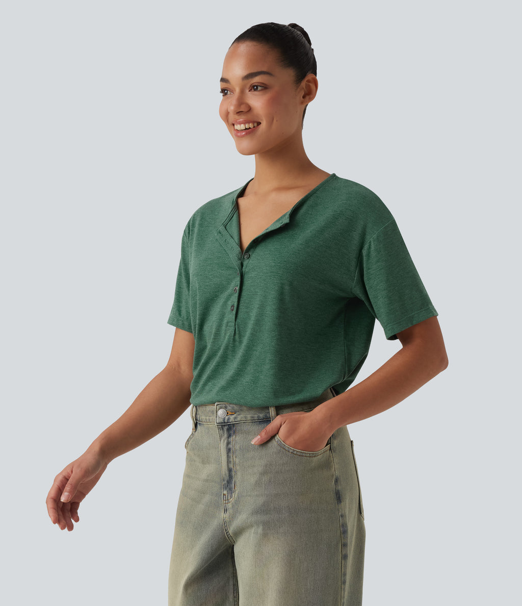 Henley Short Sleeve Heathered Relaxed Casual T-Shirt — Emerald Floral Yarn — view 3