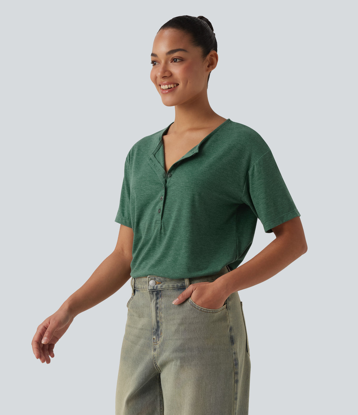 Henley Short Sleeve Heathered Relaxed Casual T-Shirt — Emerald Floral Yarn — view 3