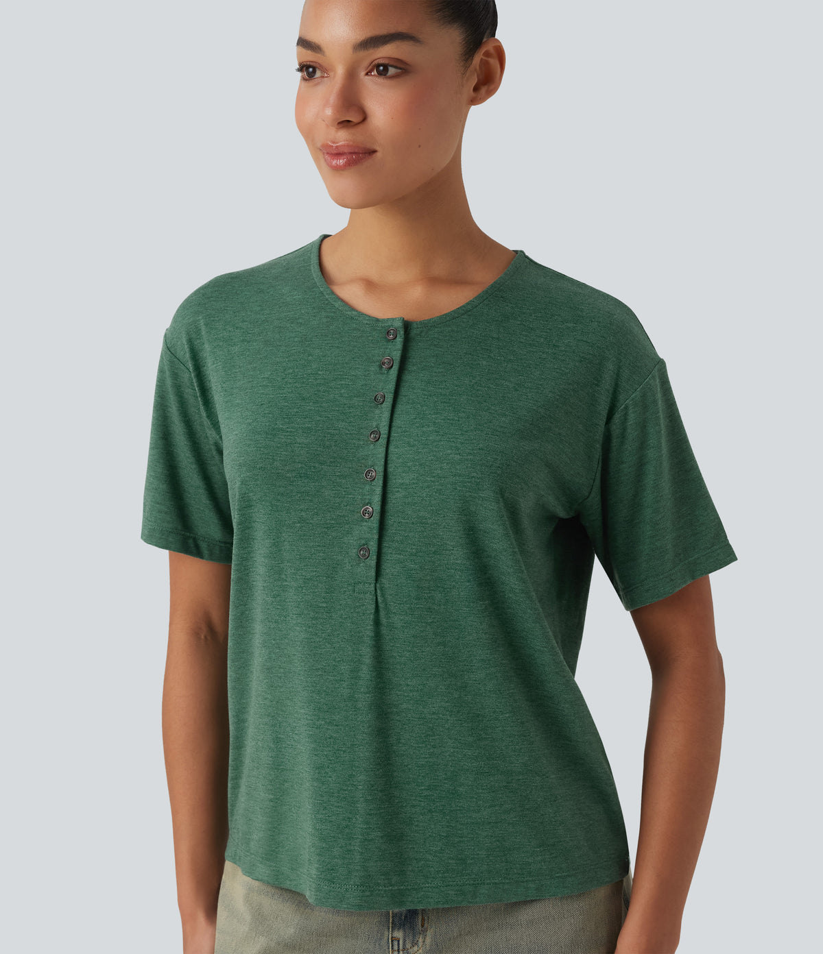 Henley Short Sleeve Heathered Relaxed Casual T-Shirt — Emerald Floral Yarn — view 4