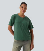 Henley Short Sleeve Heathered Relaxed Casual T-Shirt — Emerald Floral Yarn — view 5