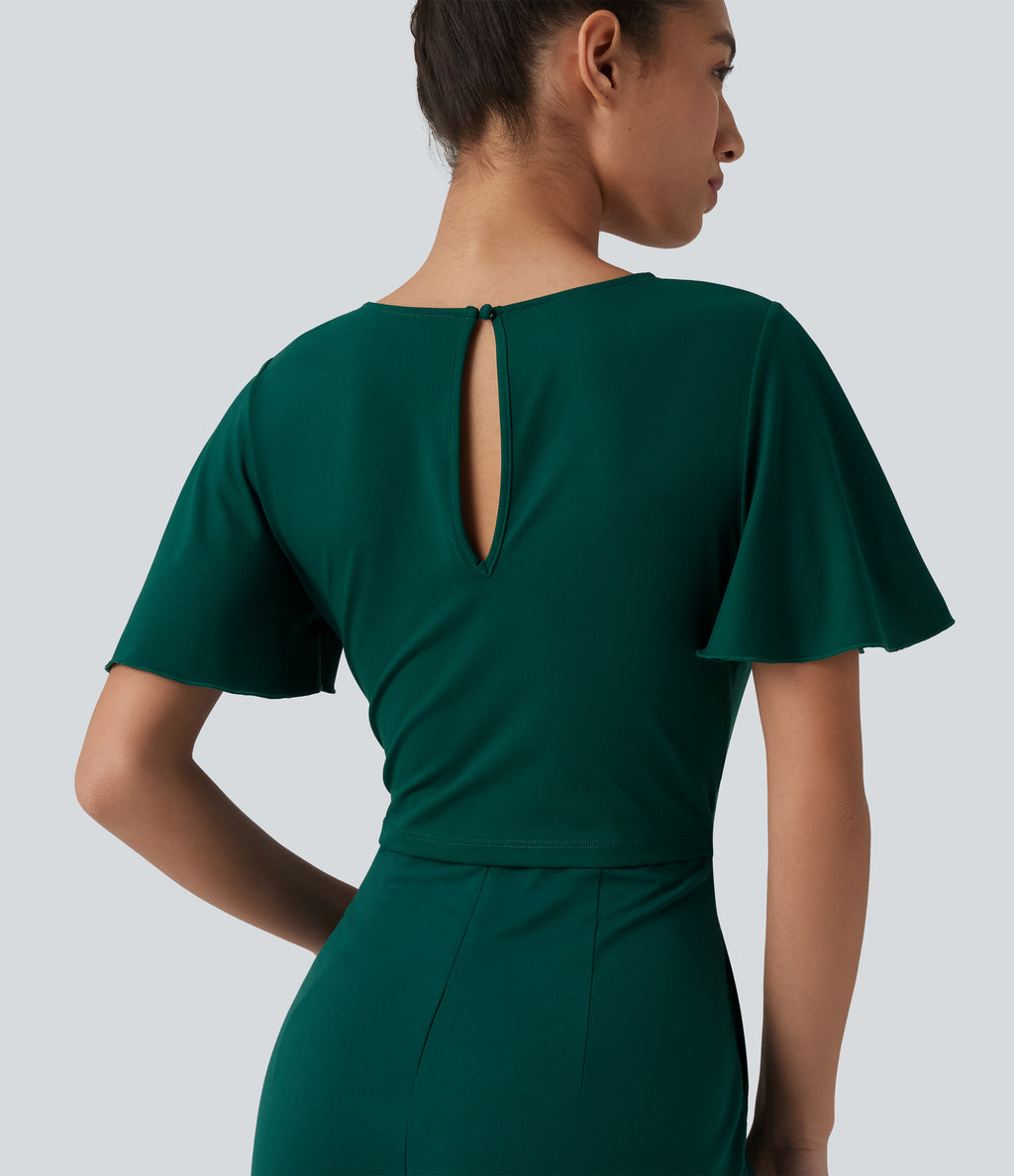Round Neck Short Sleeve Tie Front Wide Leg Jumpsuit with Pockets-Edition — Rain Forest — view 6