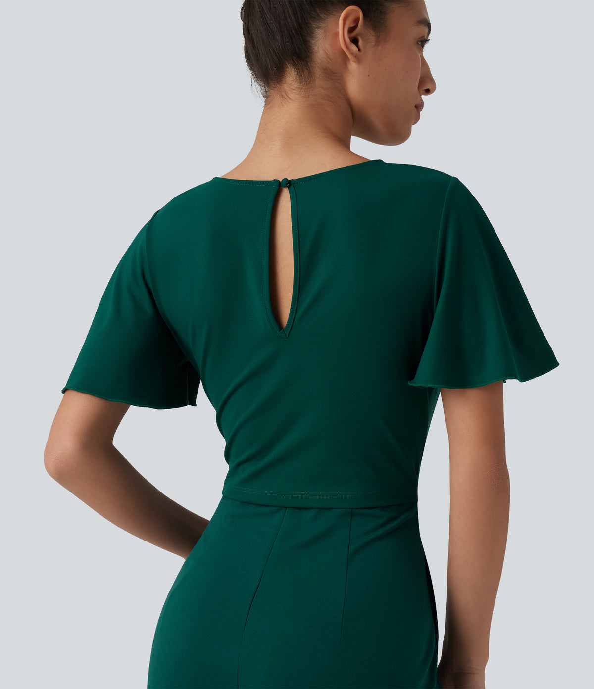 Round Neck Short Sleeve Tie Front Wide Leg Jumpsuit with Pockets-Edition — Rain Forest — view 6