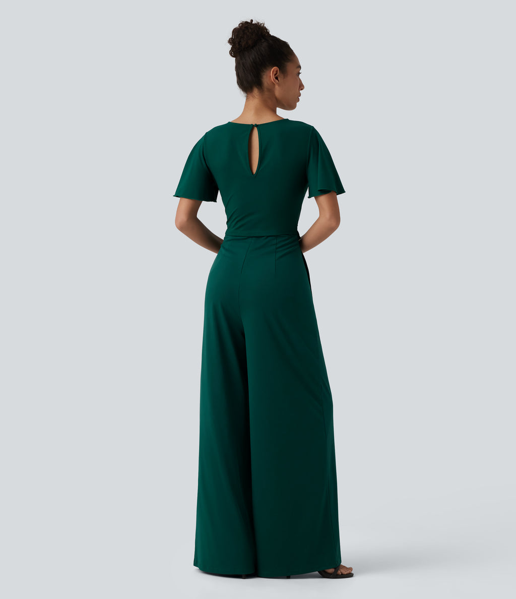Round Neck Short Sleeve Tie Front Wide Leg Jumpsuit with Pockets-Edition — Rain Forest — view 2