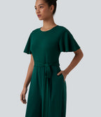 Round Neck Short Sleeve Tie Front Wide Leg Jumpsuit with Pockets-Edition — Rain Forest — view 5