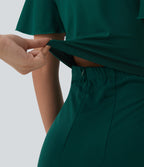 Round Neck Short Sleeve Tie Front Wide Leg Jumpsuit with Pockets-Edition — Rain Forest — view 7
