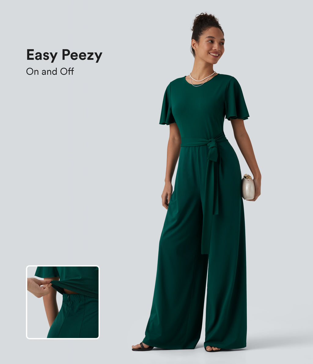 Round Neck Short Sleeve Tie Front Wide Leg Jumpsuit with Pockets-Edition — Rain Forest — view 1