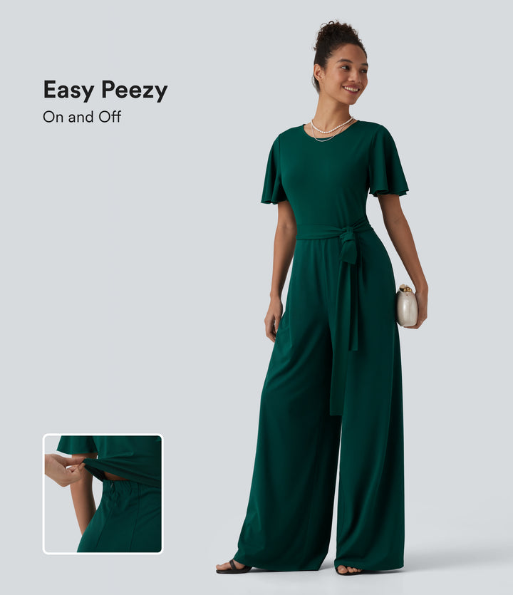 Round Neck Short Sleeve Tie Front Wide Leg Jumpsuit with Pockets-Edition — Rain Forest — view 1