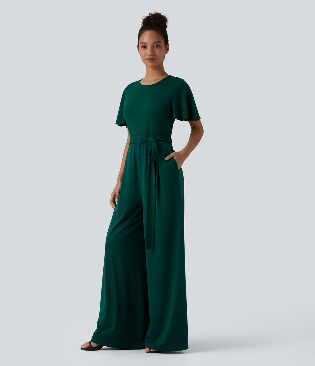 Round Neck Short Sleeve Tie Front Wide Leg Jumpsuit with Pockets-Edition — Rain Forest — view 3