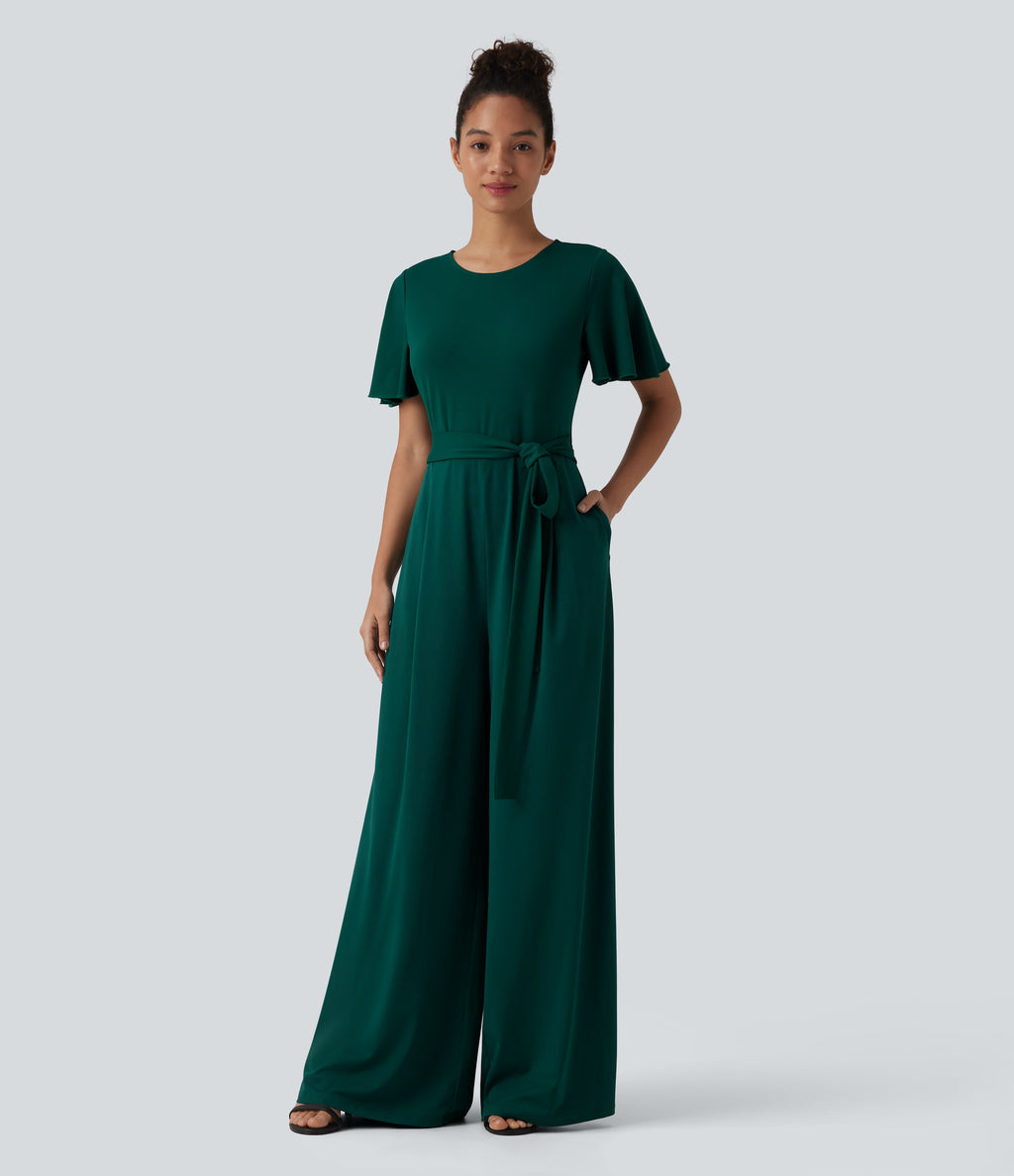 Round Neck Short Sleeve Tie Front Wide Leg Jumpsuit with Pockets-Edition — Rain Forest — view 4