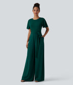 Round Neck Short Sleeve Tie Front Wide Leg Jumpsuit with Pockets-Edition — Rain Forest — view 4