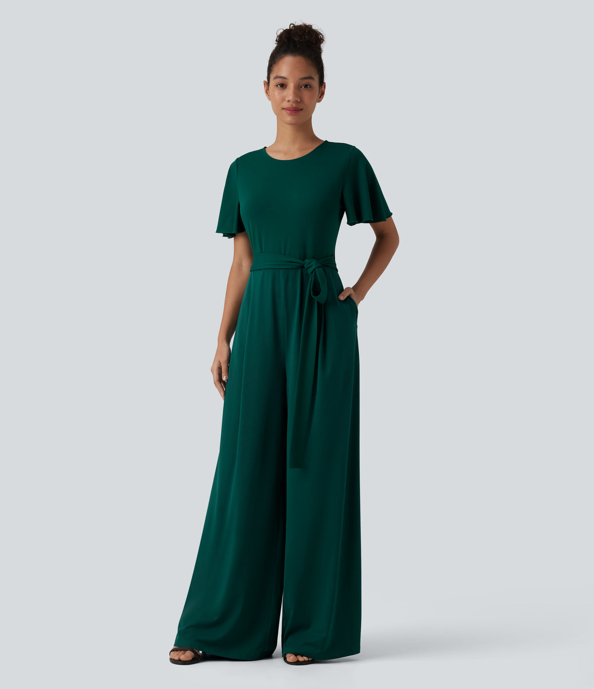 Round Neck Short Sleeve Tie Front Wide Leg Jumpsuit with Pockets-Edition — Rain Forest — view 4