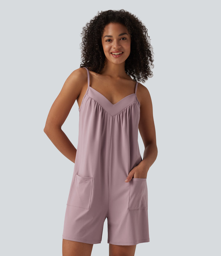 V Neck Casual Slip Playsuit with Pockets — Keepsake Lilac — view 1