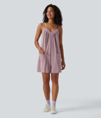 V Neck Casual Slip Playsuit with Pockets — Keepsake Lilac — view 6