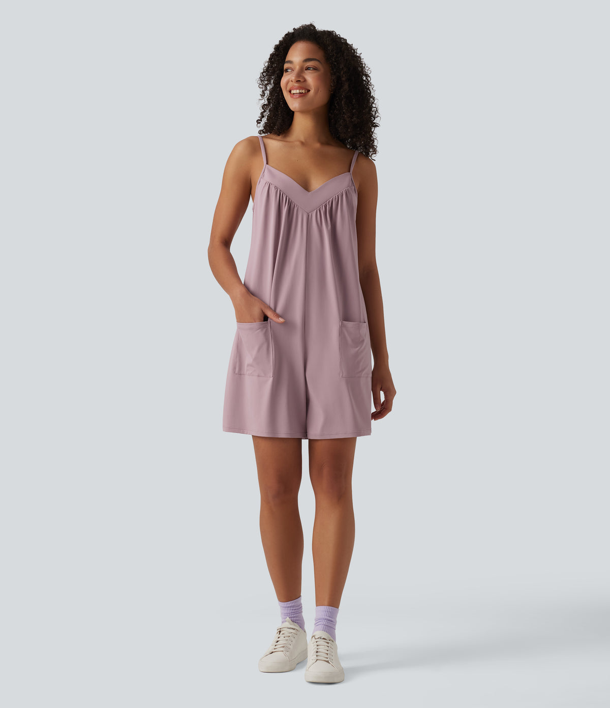 V Neck Casual Slip Playsuit with Pockets — Keepsake Lilac — view 6
