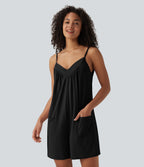 V Neck Casual Slip Playsuit with Pockets — Tap Shoe — view 7