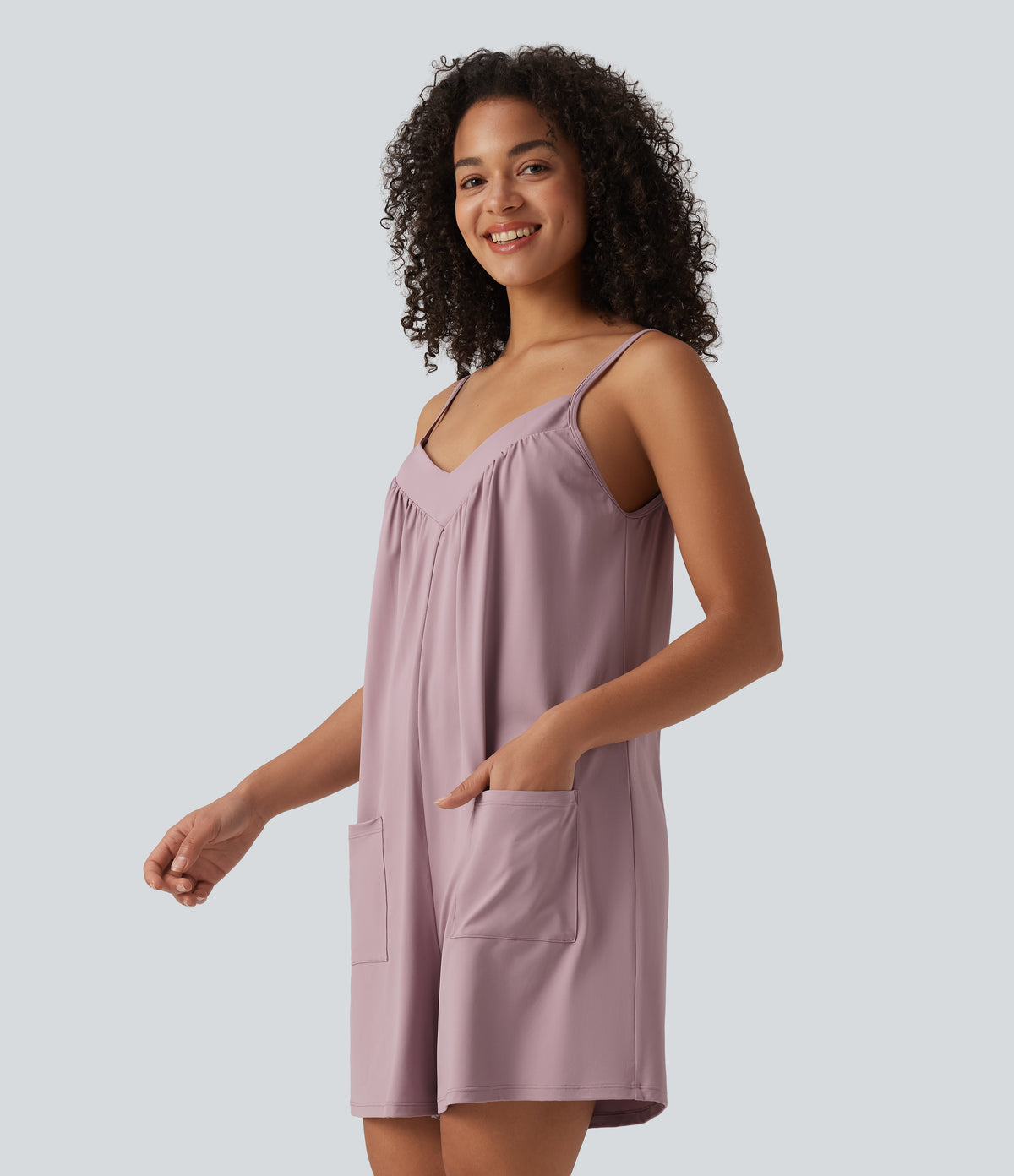 V Neck Casual Slip Playsuit with Pockets — Keepsake Lilac — view 3