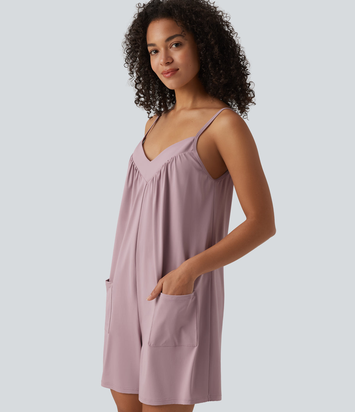 V Neck Casual Slip Playsuit with Pockets — Keepsake Lilac — view 5