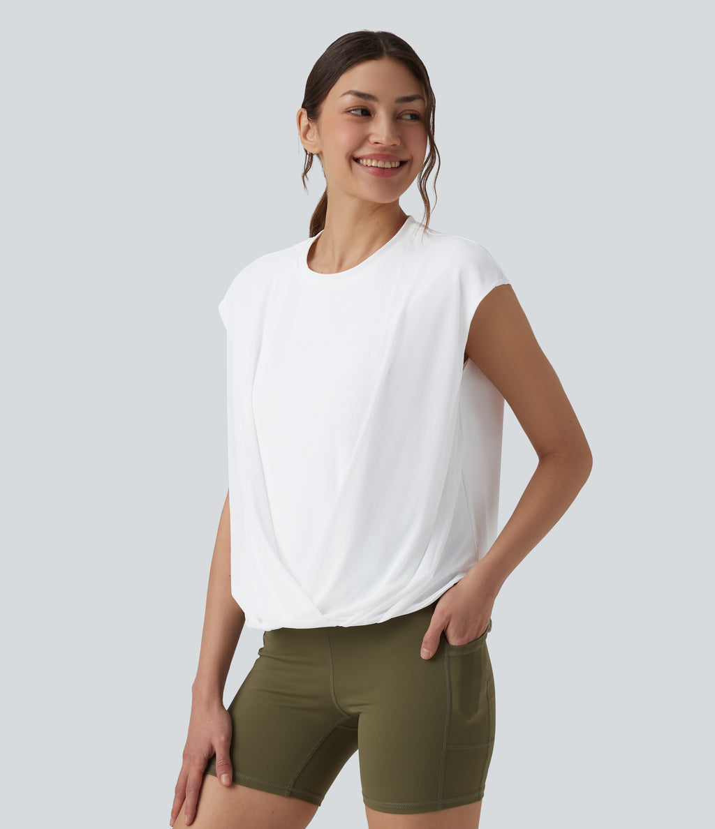 Airy Round Neck Sleeveless Contrast Mesh InstantCool Yoga Sports Top — White — view 4