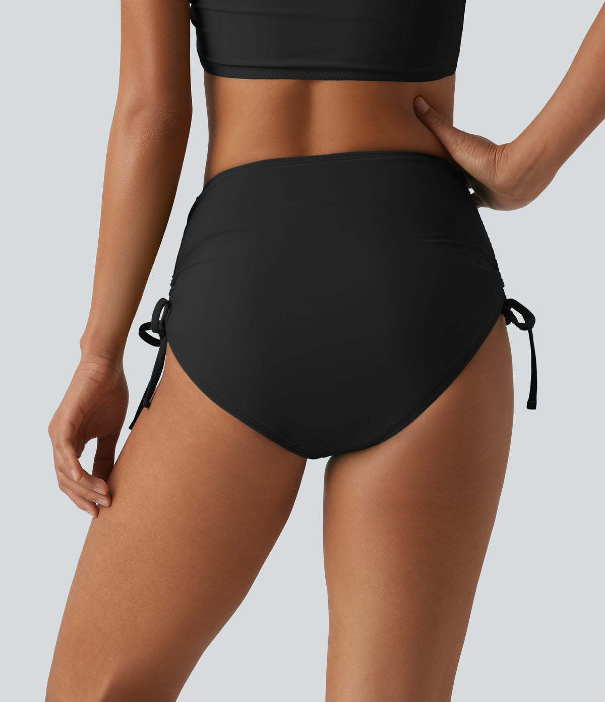 High Waisted Tummy Control Drawstring Ruched Bikini Bottom Swimsuit — Black — additional view