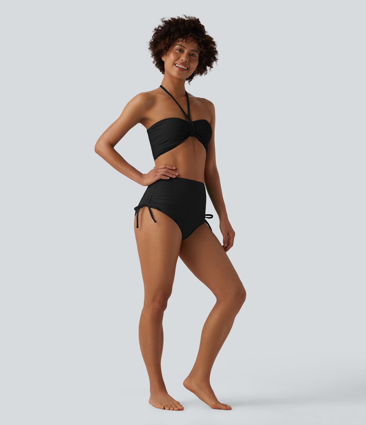 High Waisted Tummy Control Drawstring Ruched Bikini Bottom Swimsuit — Black — additional view
