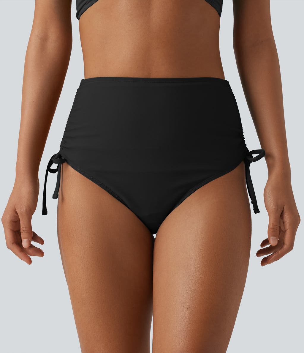High Waisted Tummy Control Drawstring Ruched Bikini Bottom Swimsuit — Black — additional view