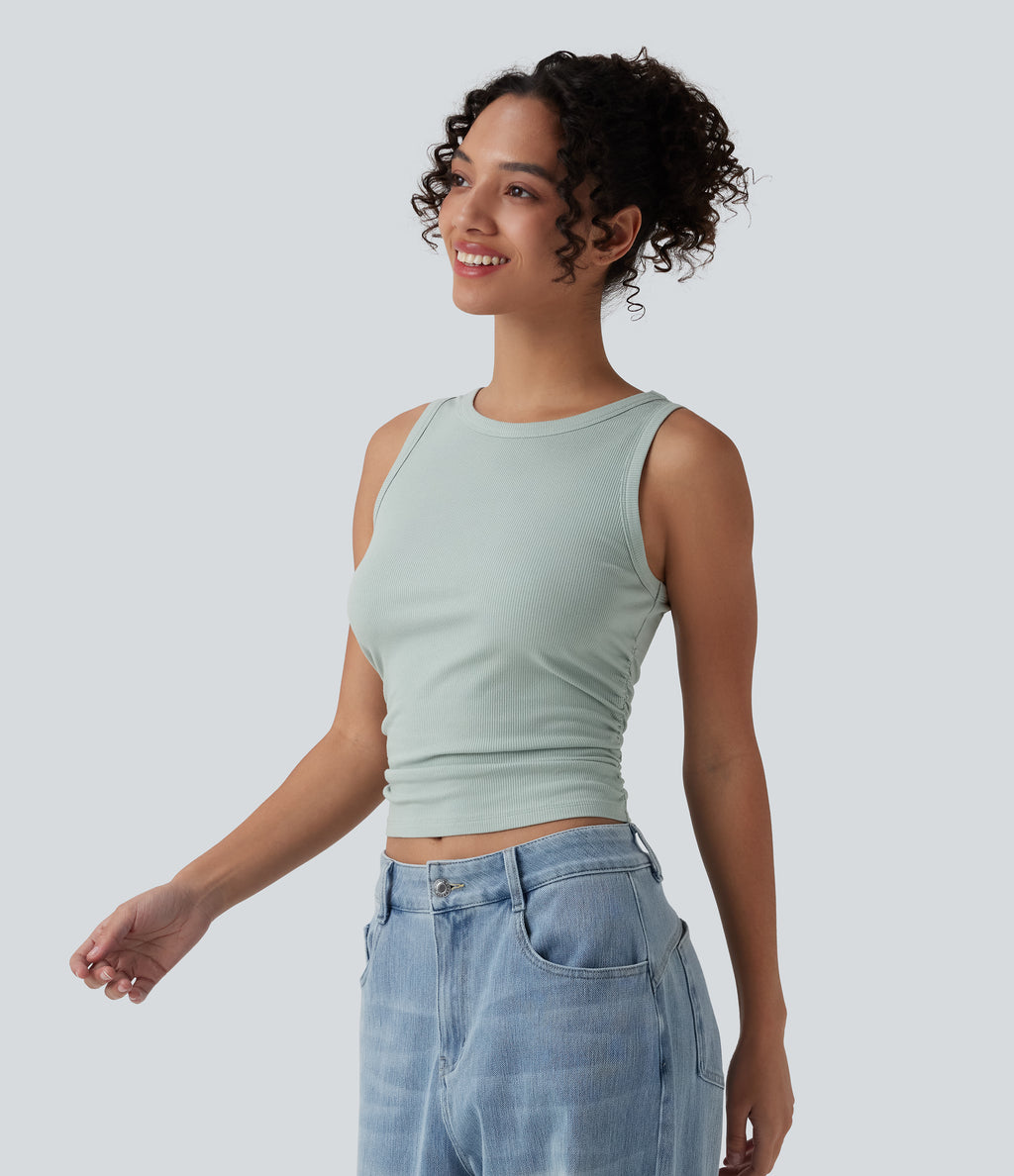 Ribbed Knit Round Neck Ruched Casual Tank Top — Silver Dust Blue — view 3