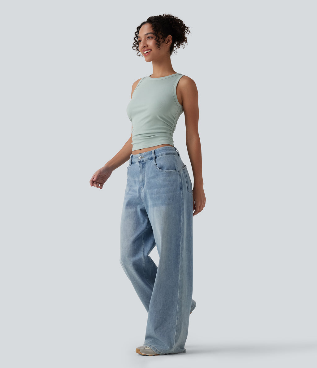 Ribbed Knit Round Neck Ruched Casual Tank Top — Silver Dust Blue — view 5