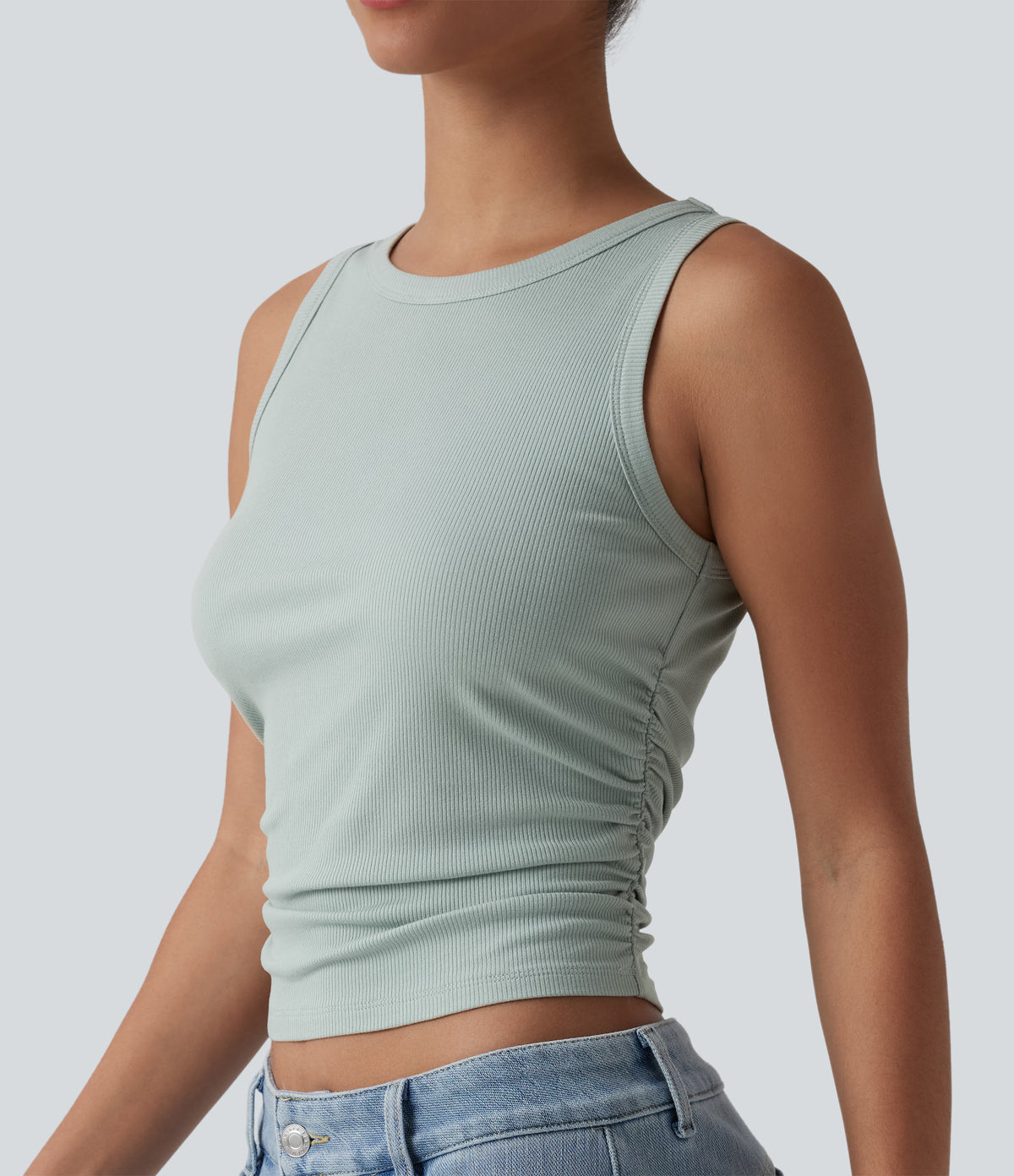 Ribbed Knit Round Neck Ruched Casual Tank Top — Silver Dust Blue — view 4